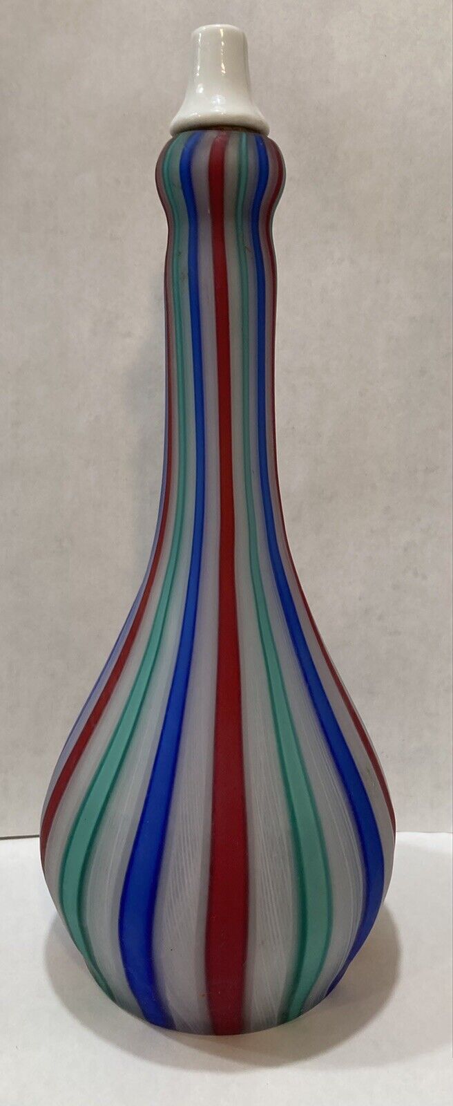 Vintage Antique Swirl Stripe Opalescent Multi Color Glass Barber Bottle 7” Tall