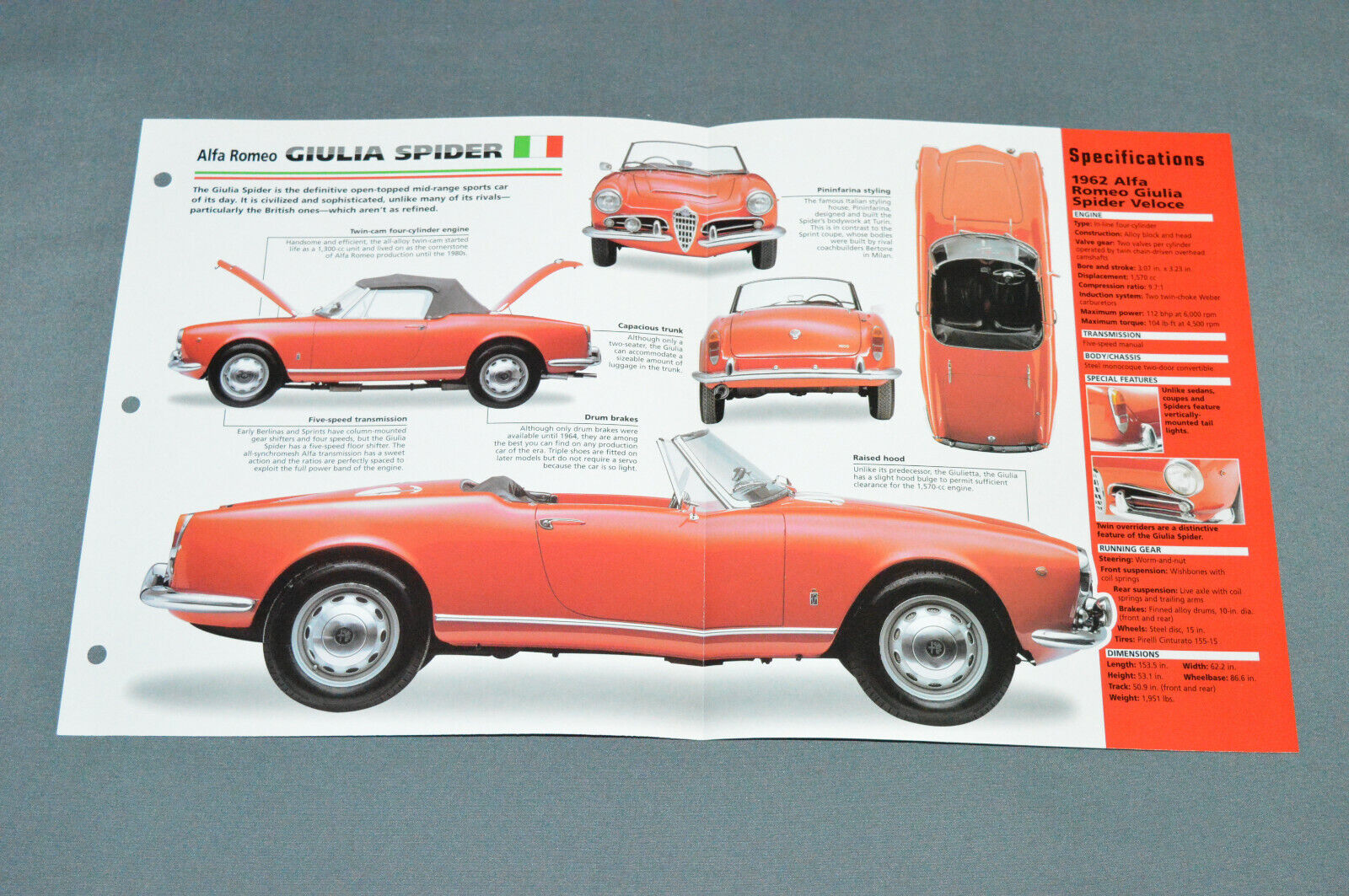 1962-1965 ALFA ROMEO GIULIA SPIDER Sports Car SPEC SHEET BOOKLET PHOTO BROCHURE