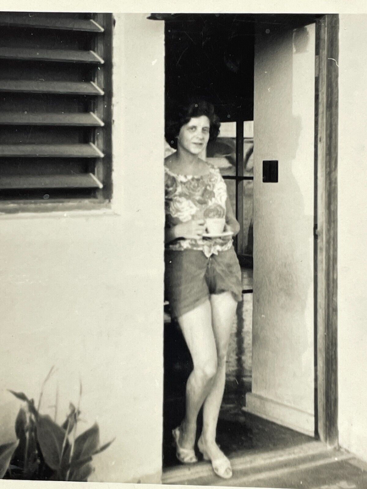 ZE Photograph Pretty Woman In Doorway Lovely Lady Standing Open Door 1950's
