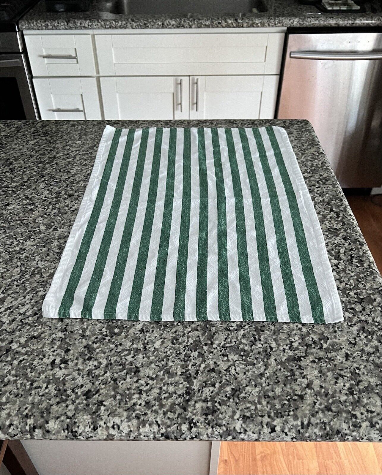 Vintage Green And White Striped Kitchen Hand Towel Cotton Blend 26” Used