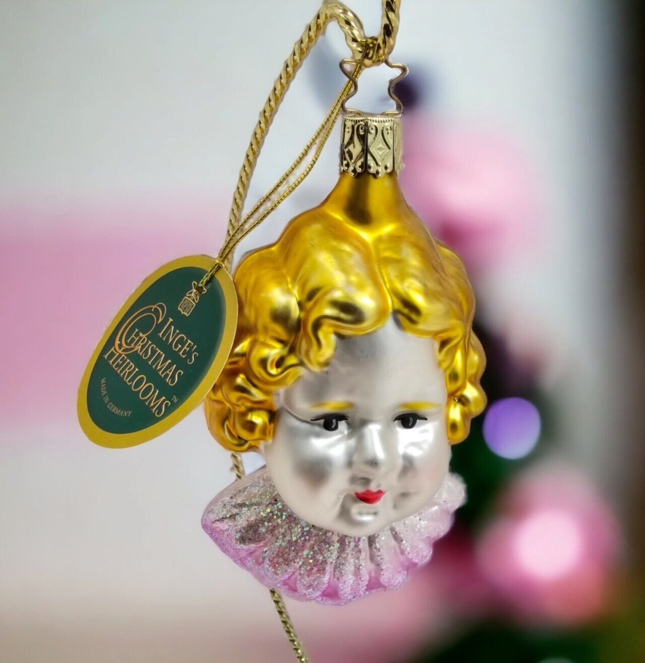 INGE's Christmas Heirlooms Doll Cherub Angel Head Glass Ornament Germany Vintage