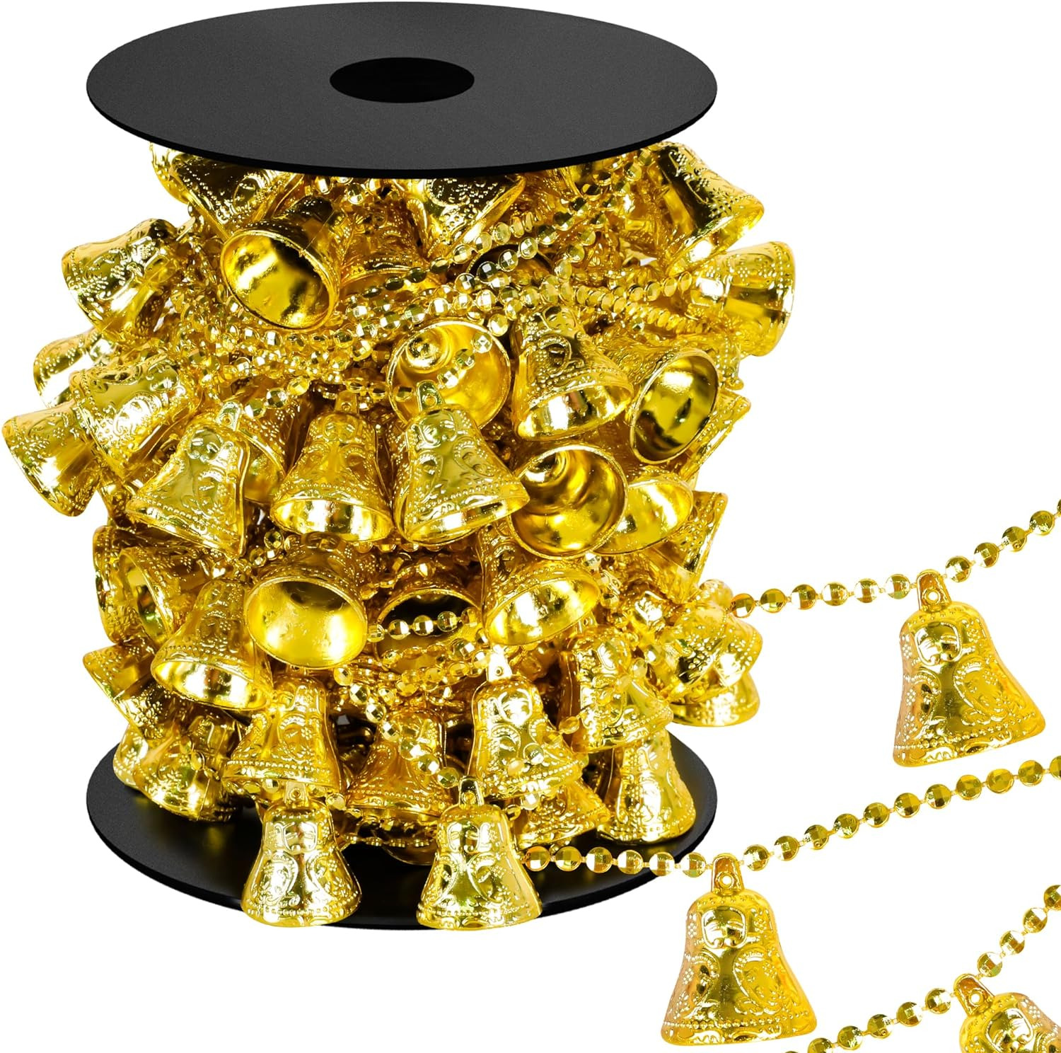 66FT Christmas Tree Beads 3D Jingle Bell Garland Christmas Tree Plastic Gold