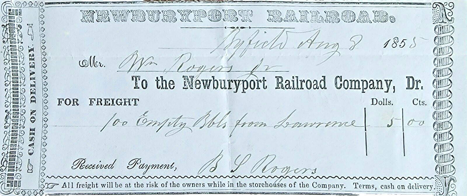 AUGUST 1855 NEWBURYPORT RAILROAD B&M FREIGHT RECEIPT PRE CIVIL WAR