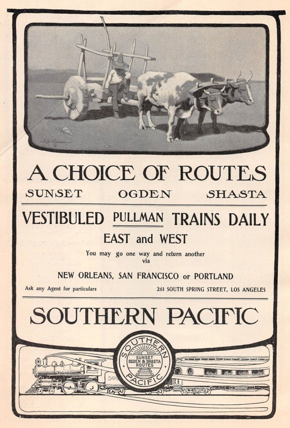 antique 1904 ad SOUTHERN PACIFIC RR Vestibuled Pullman Trains cart oxen sombrero