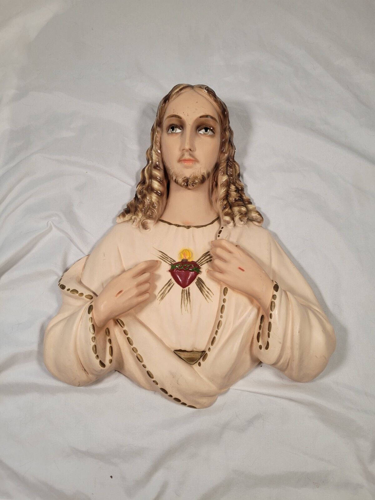 Vintage Antique 1957 Sacred Heart Jesus Chalkware 3D Wall Hanging Plaques