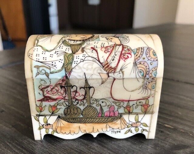Antique Hand Painted Ivory Color Bone Persian Chest From Turkey Signed by Artist