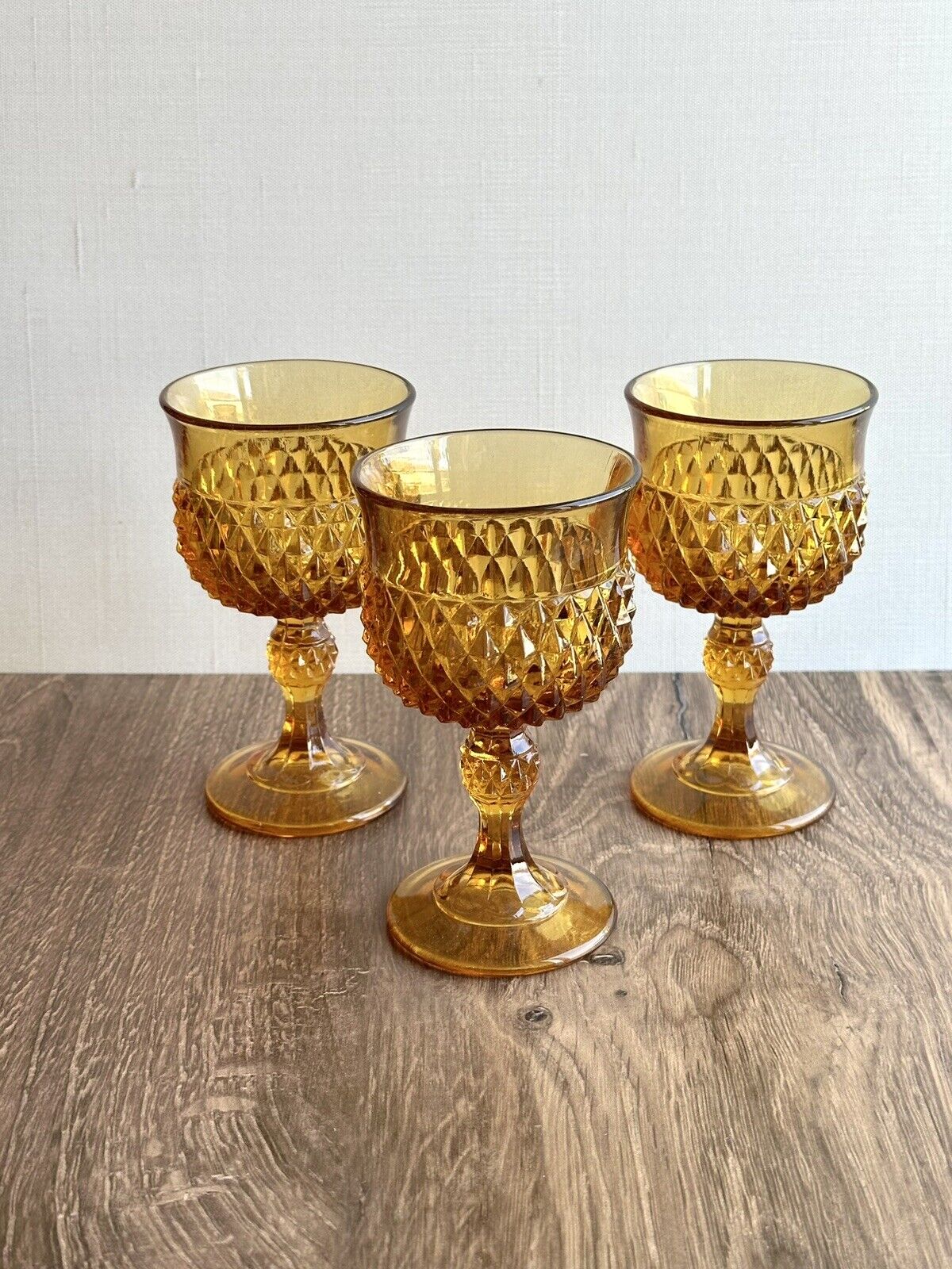 Vintage MCM Indiana Glass Diamond Point Amber Goblets Footed Glasses Set of 3