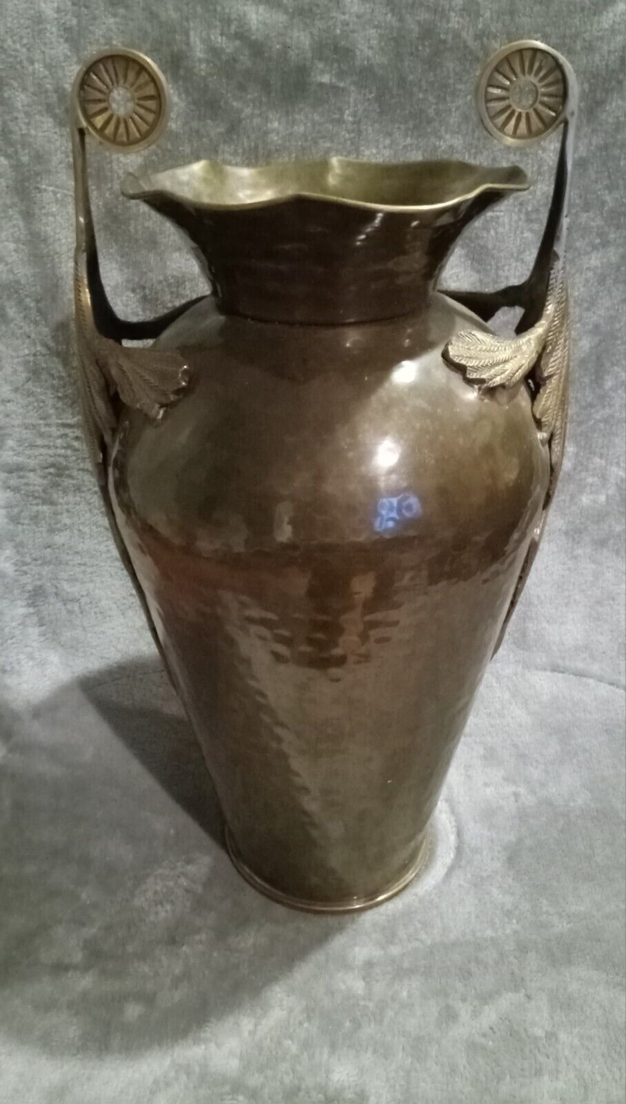 Vintage Hammered Brass Urn With Feathered Handles And Beautiful Patina