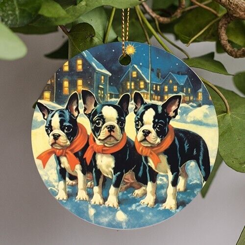 Boston Terrier, Puppies, Holiday Village, Tex Avery Art Style, Ceramic Ornament