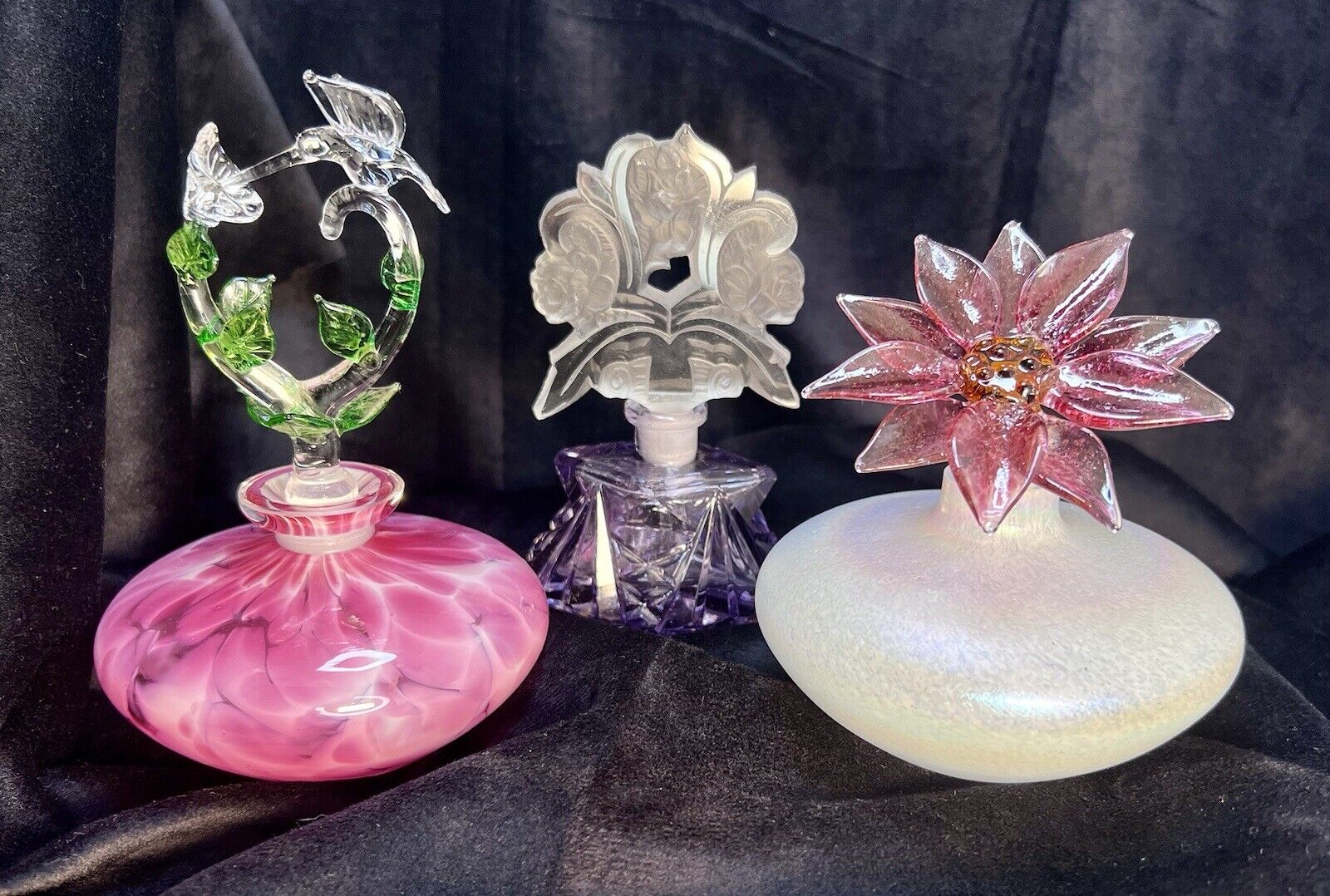 Perfume Bottles Hummingbird Irice Pink flower Art Blown Etched Glass - set of 3
