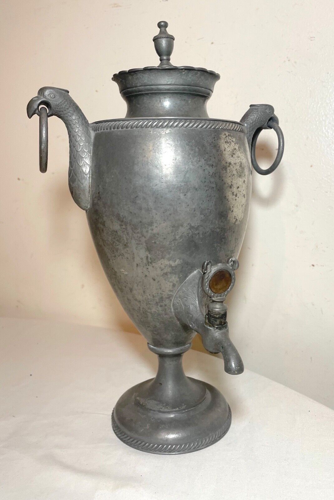 rare antique 18th century figural eagle pewter samovar tea dispenser pot urn 