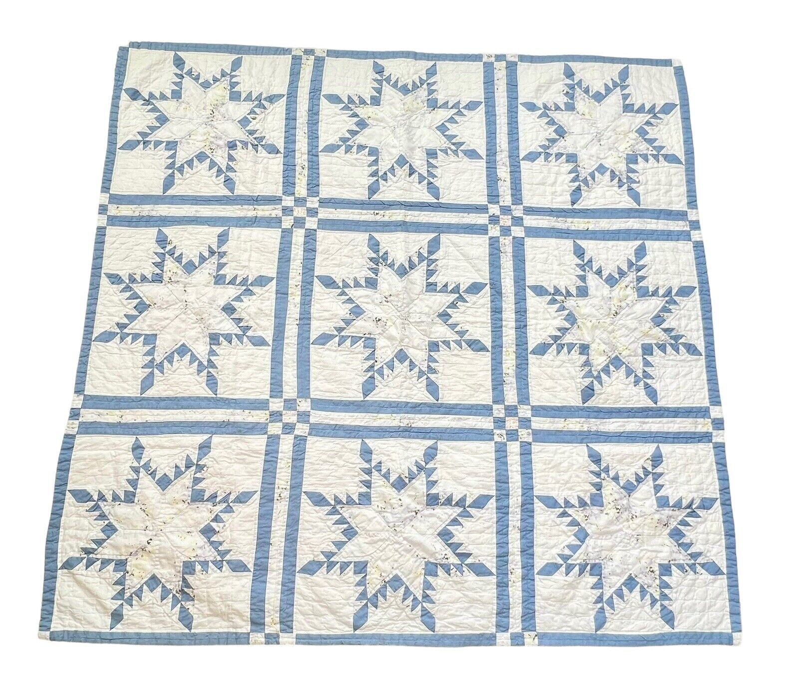 Vintage Blue White Star Pattern Square Quilt 52”x52” Baby Nursery Blanket Throw