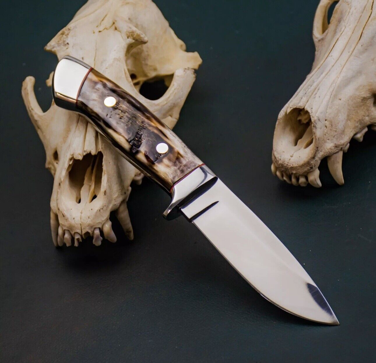 AB CUTLERY CUSTOM HANDMADE STEEL D2 SKINNER KNIFE HANDLE BY STEEL CLIP AND WOLF