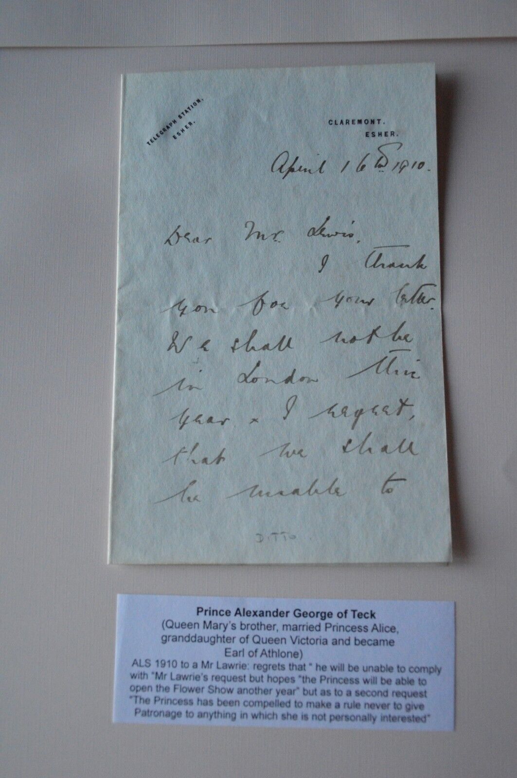 Prince Alexander George of Teck 1st Earl of Athlone Autograph in Letter 1910