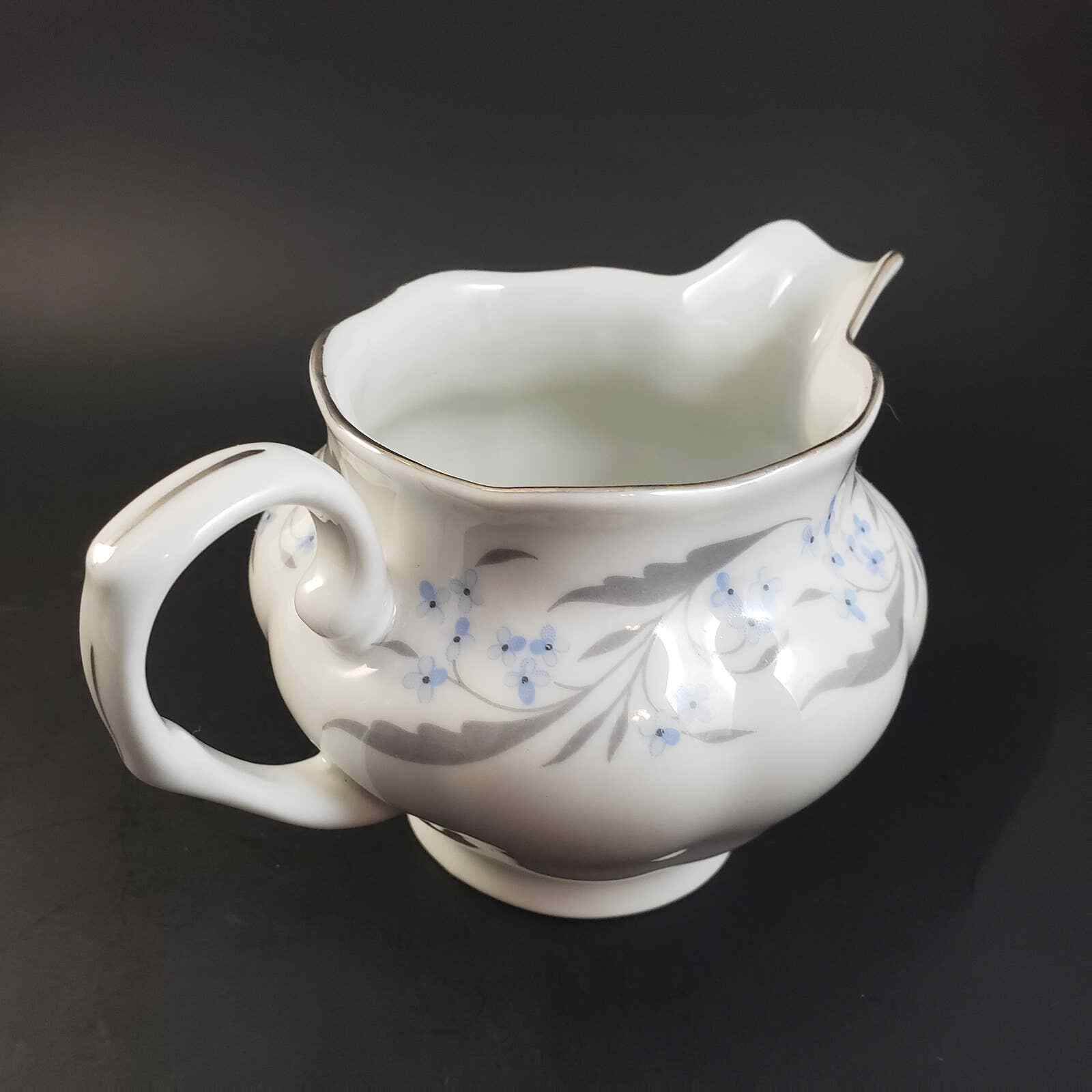 Viintage Favolina Ceramic Milk Creamer Pitcher White Blue Floral Gray Poland 