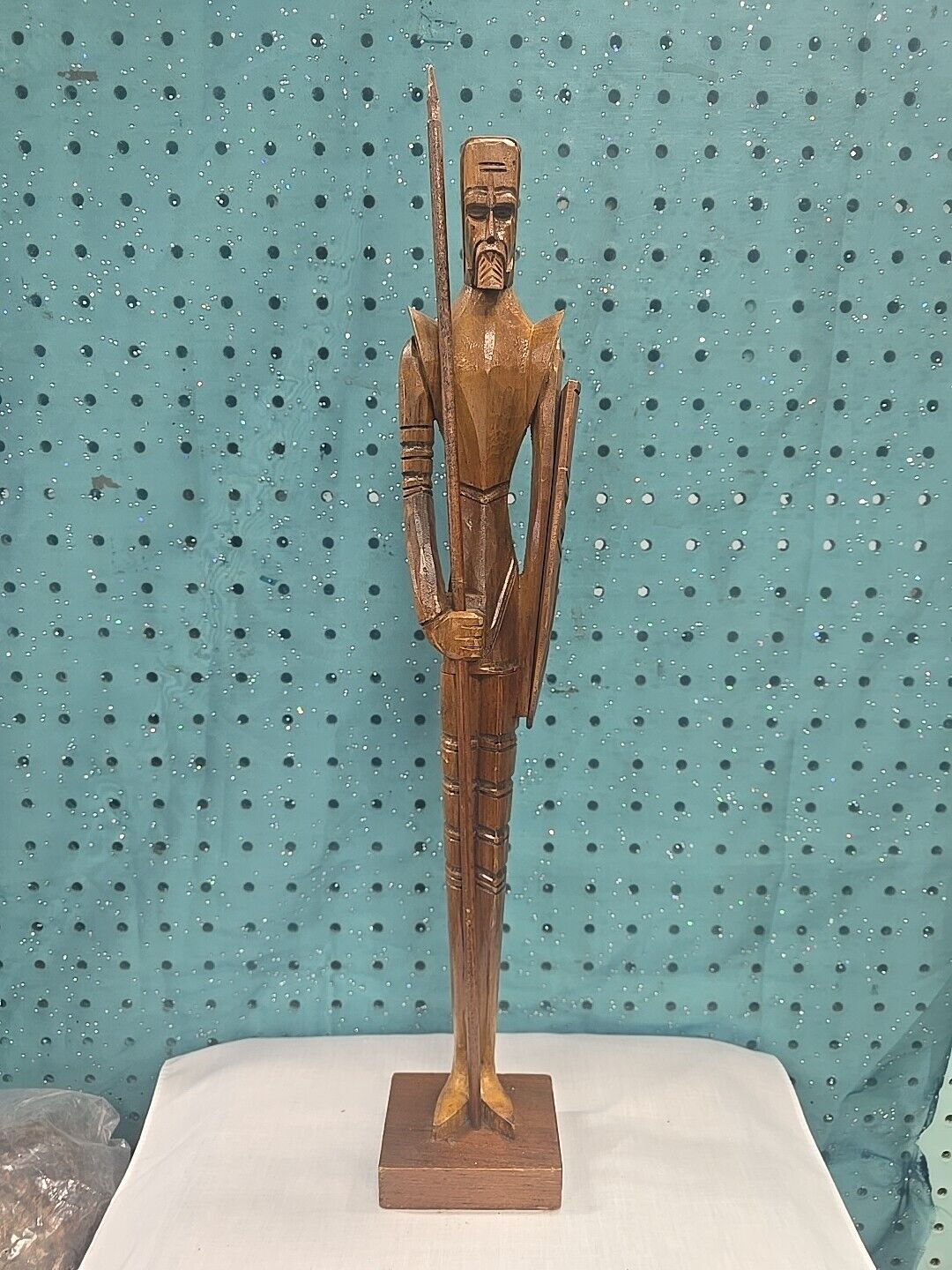 Vintage Mid Century Don Quixote Carved Wood Handmade Centurion Figure 20” Tiki