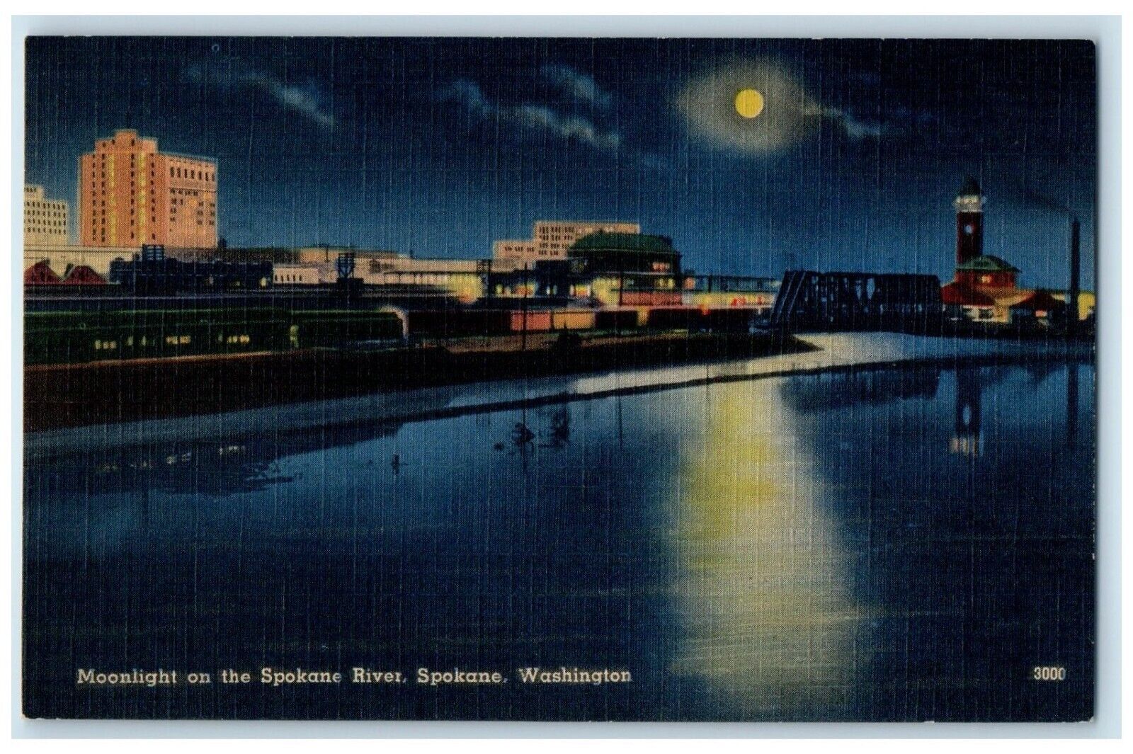 c1940 Moonlight Spokane River Moon Night Spokane Washington WA Vintage Postcard