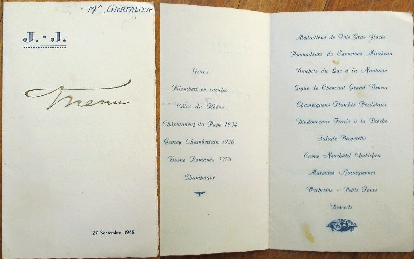 Menu: French 1948 w/Wine List - Vosne Romanee 1928 / Gevrey Chambertain 1926