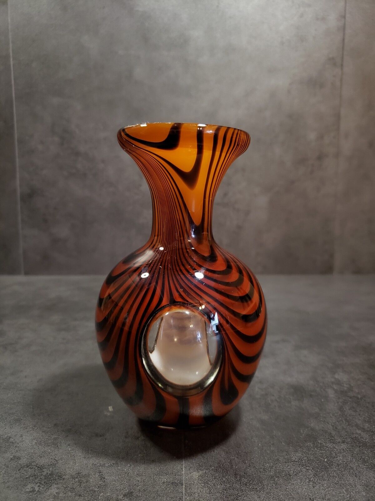 Murano Tiger Stripe Art Glass Vase Clear Round Windows Opaque Inside Vintage