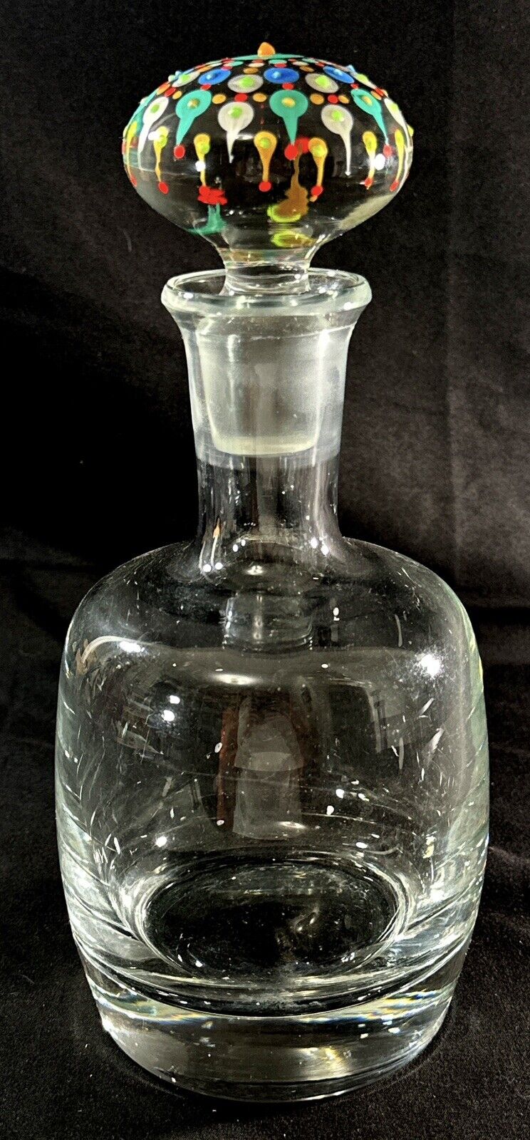 Vintage Clear Thick Glass Decanter with Dot Painted Stopper 10.5”