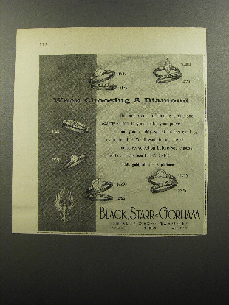 1956 Black, Starr & Gorham Jewelry Ad - When choosing a diamond