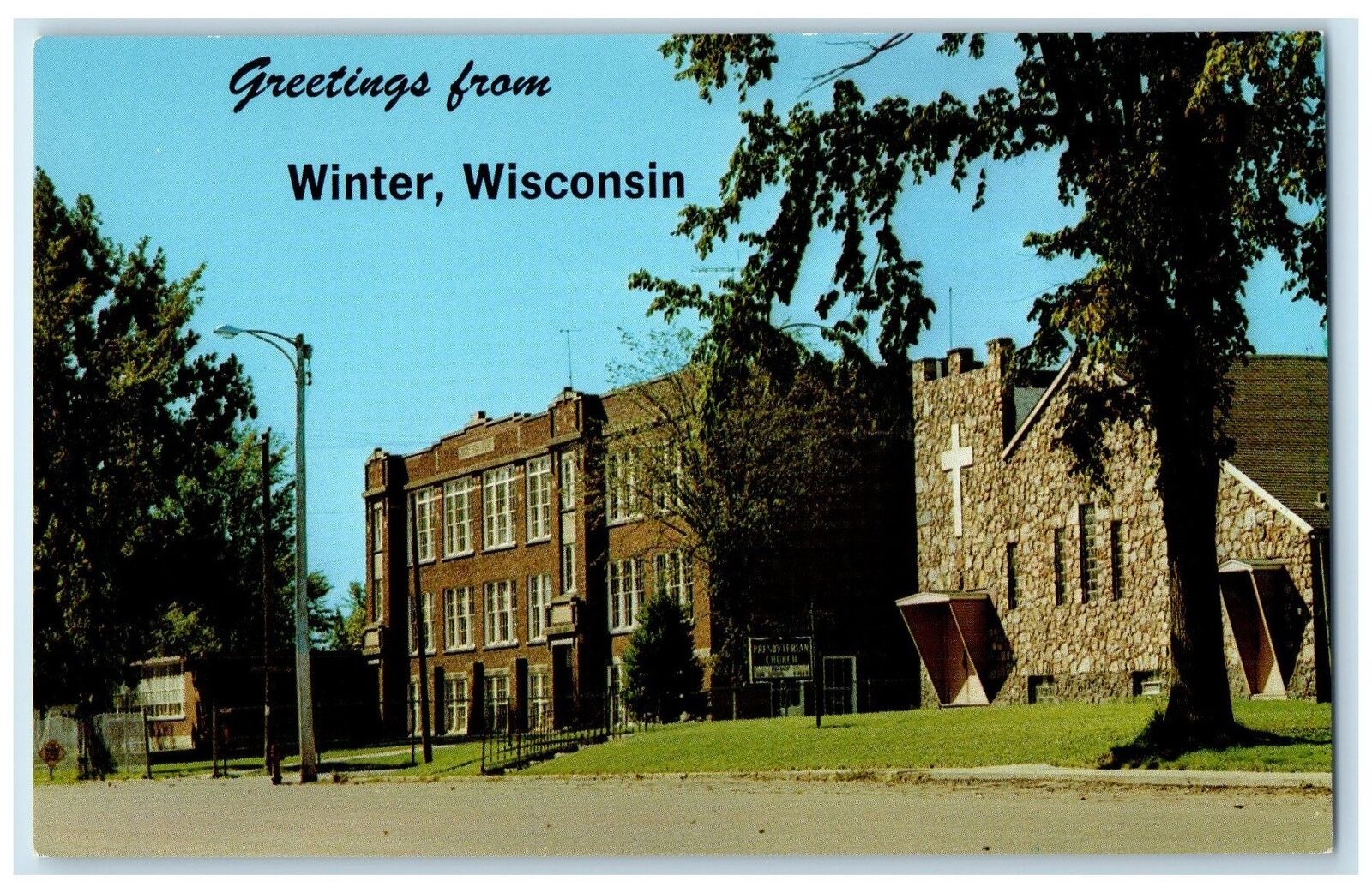 c1960's Greetings From Winter Wisconsin WI First Presbyterian Church Postcard