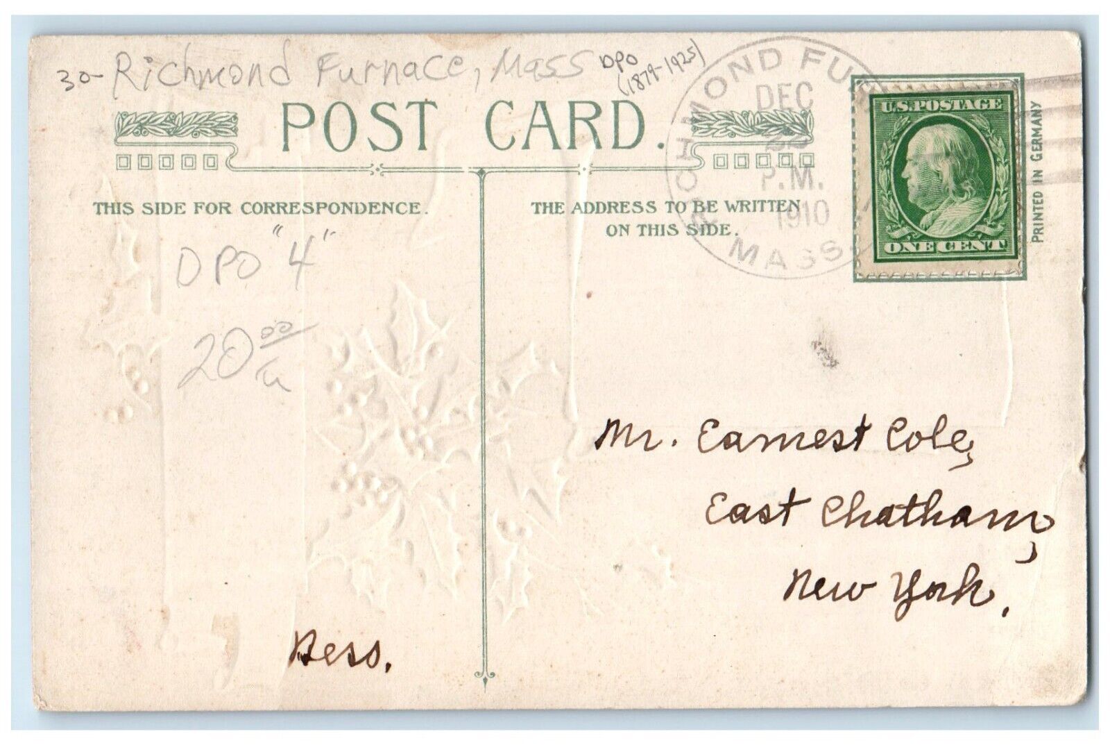 DPO 1879-1925 Richmond Furnace MA Postcard Christmas Greetings Berries Embossed