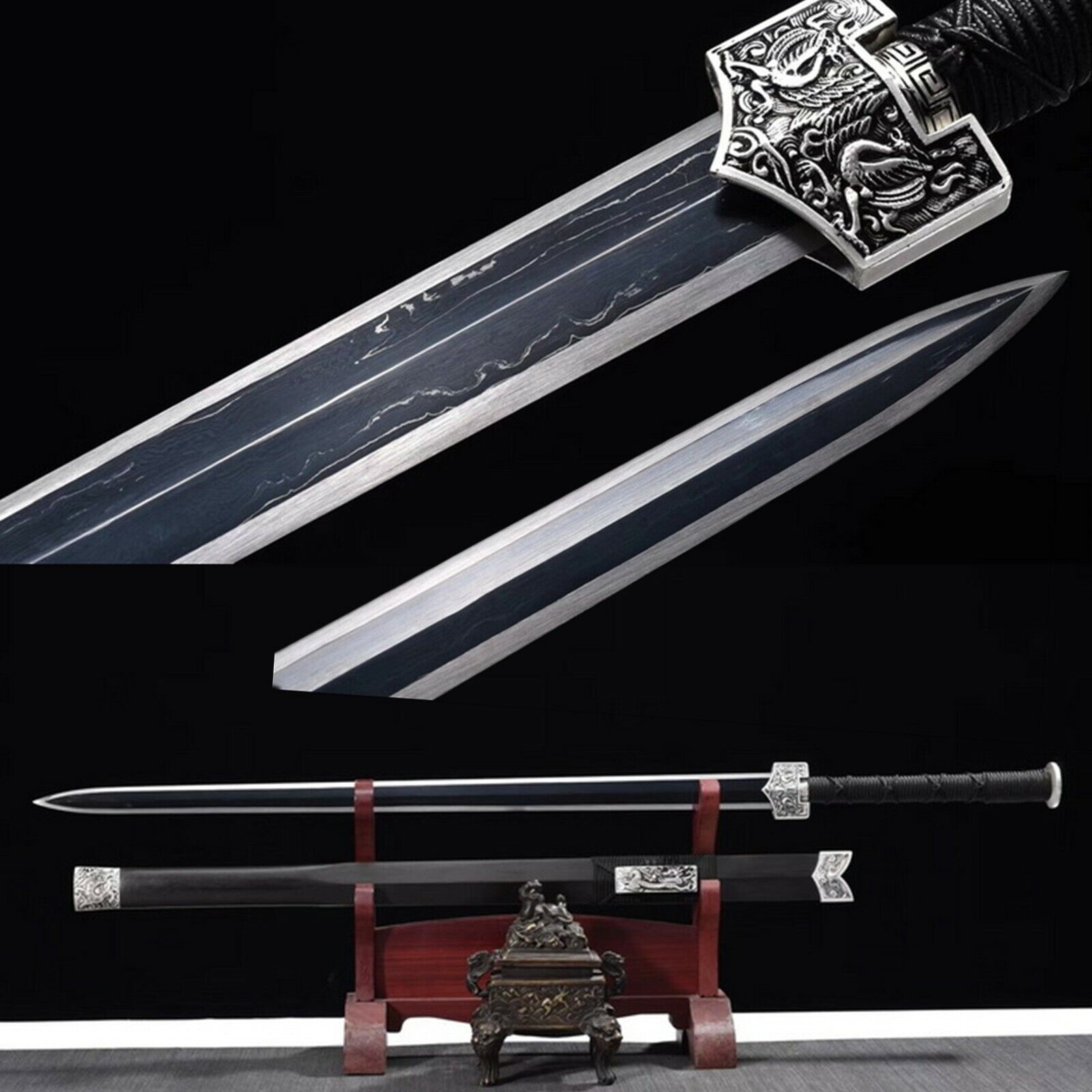 Handmade Folded Steel Black blade Chinese Han Jian Sword Combat Sharp(video test