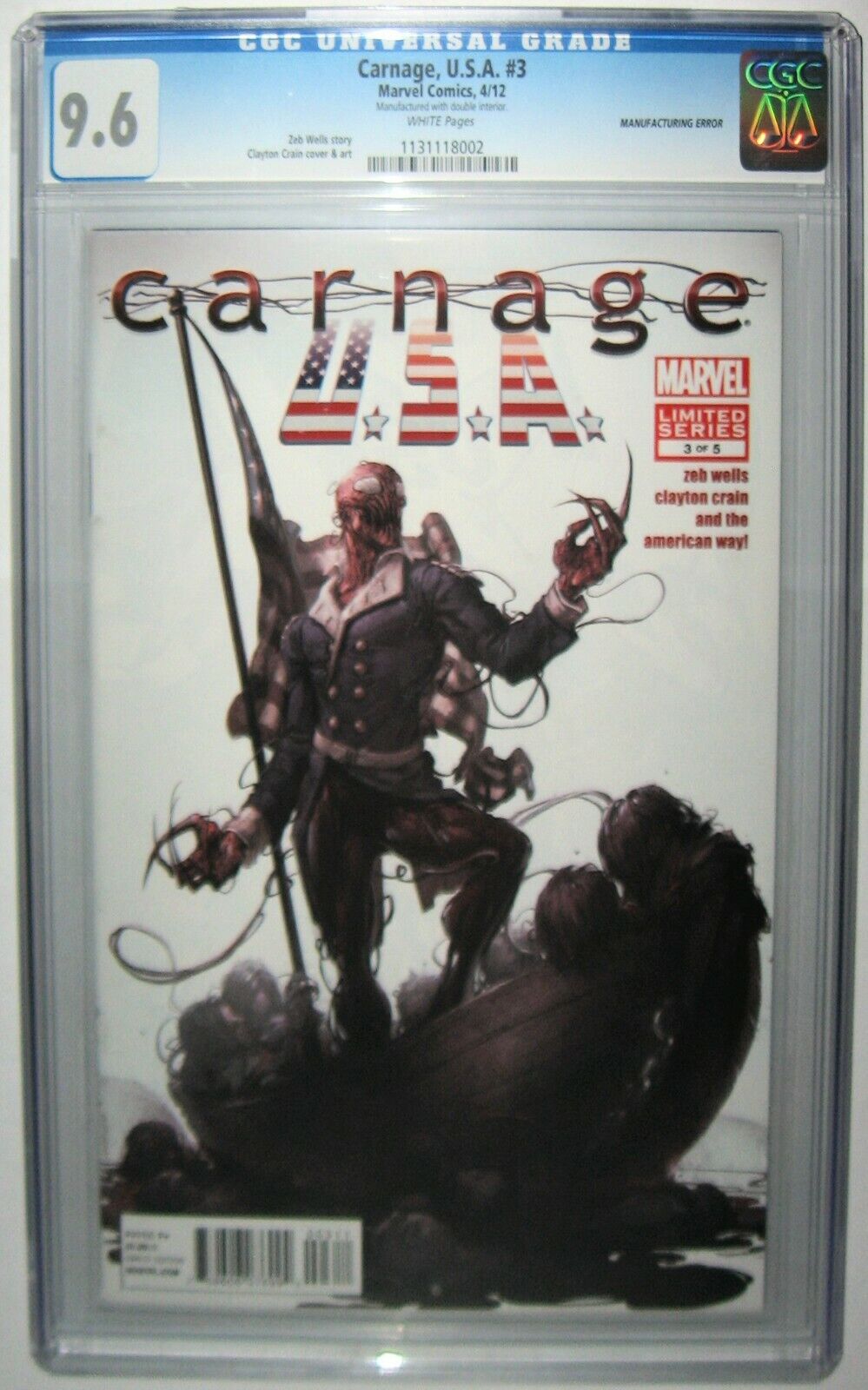 Carnage U.S.A. USA #3 CGC 9.6 PRINT ERROR DOUBLE INTERIOR GUTS White Pages 2012