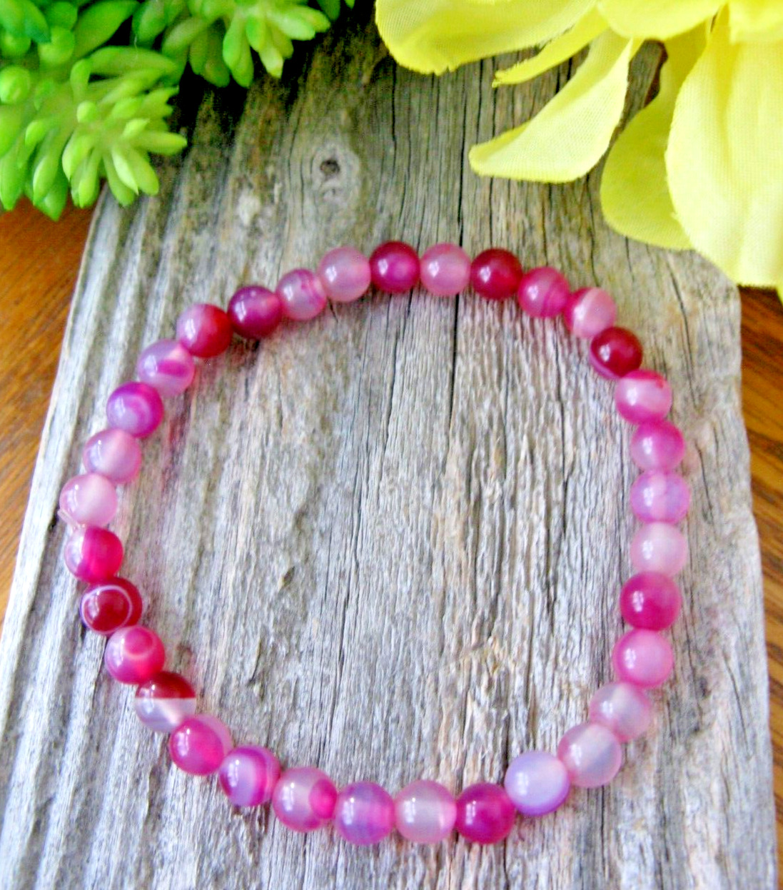 New Genuine Layered Pink Agate Crystal Beaded Cuff 6mm Bracelet--‘Barbie Pink’