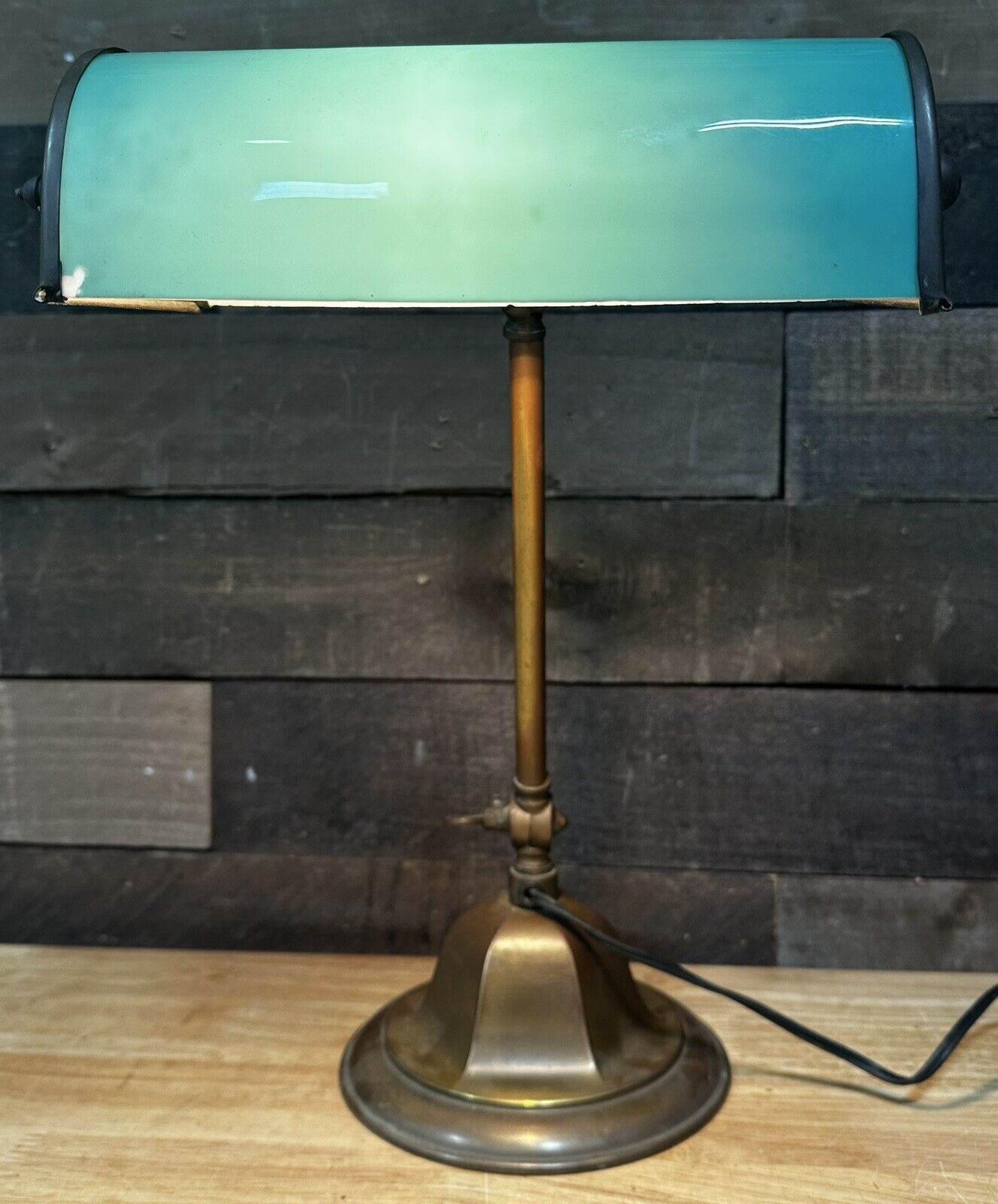 Antique Early Brass Leviton Banker Desk Lamp W/ Ripple Milk Glass Shade