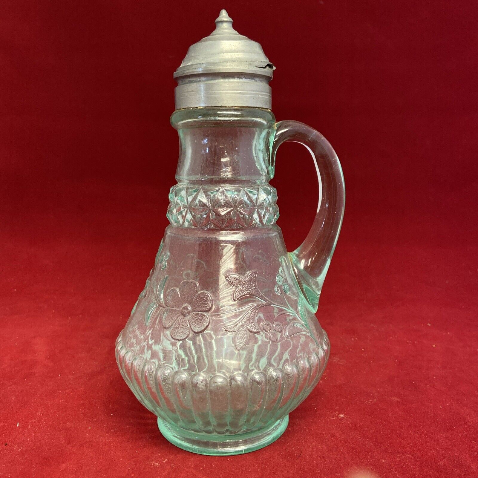 1880s RARE APPLE GREEN VASELINE GLASS ADAMS NO.140 WILDFLOWER EAPG SYRUP PITCHER