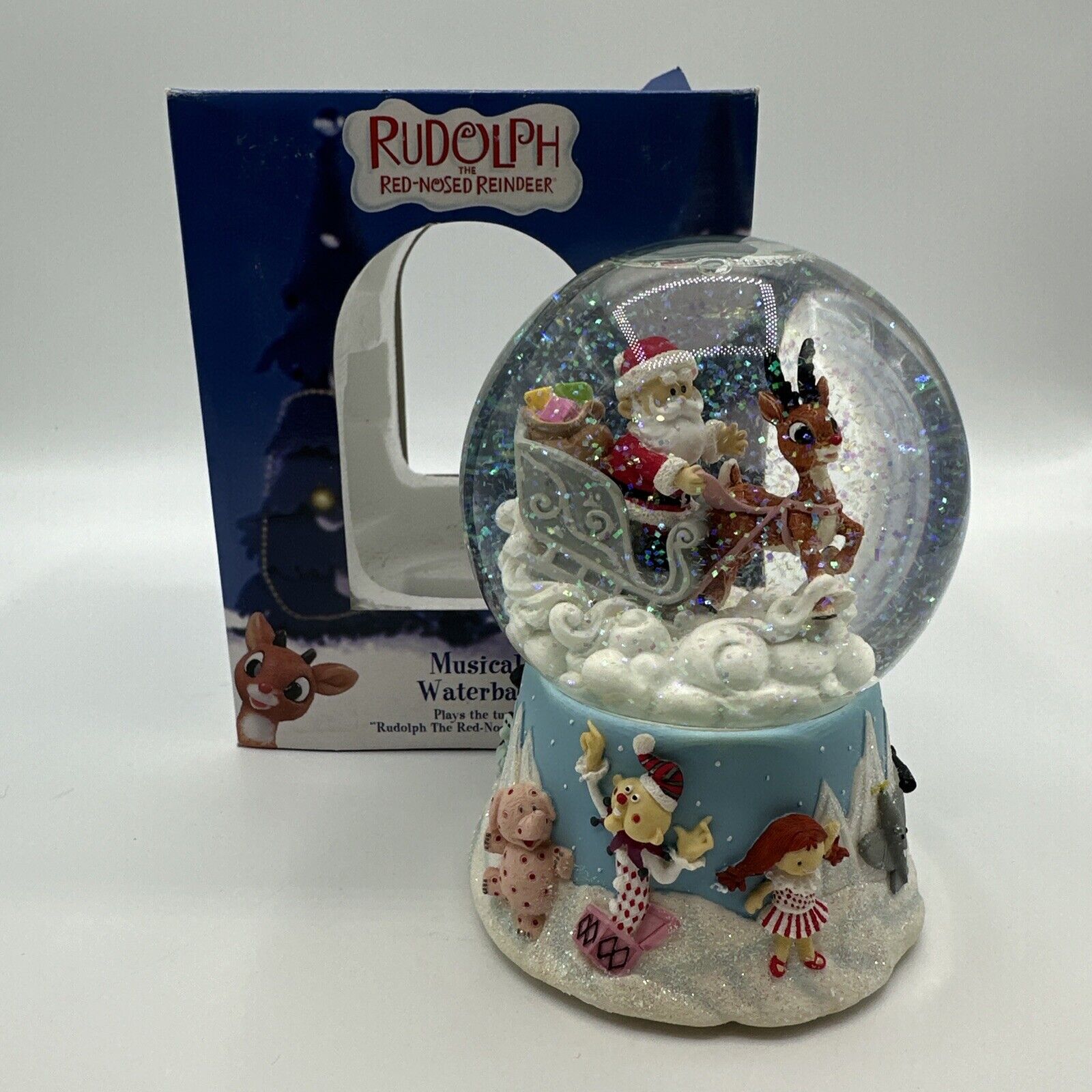 Rudolph The Red-Nosed Reindeer Musical Snow Globe Waterball Enesco Santa Sleigh