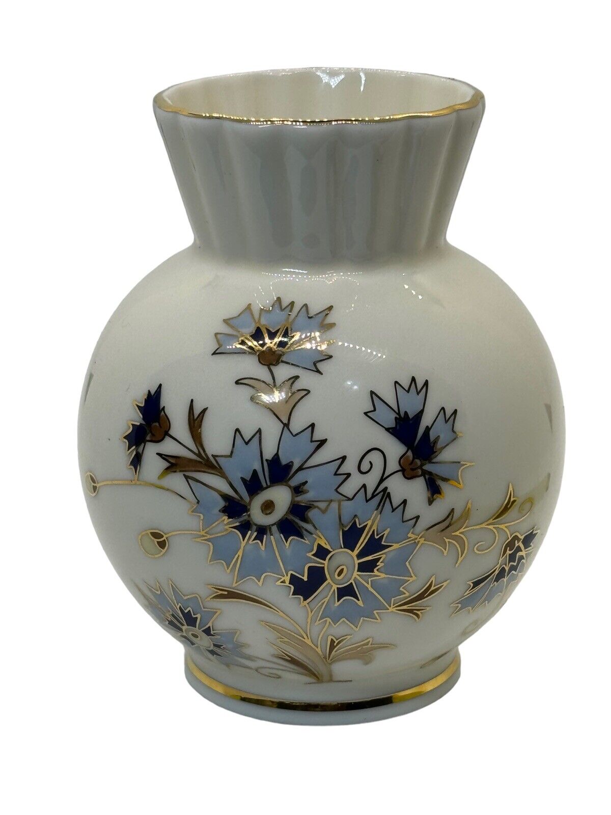 Zsolnay  Numbered Hand Painted Porcelain Cornflower vase Trimmed with Gold H:5”
