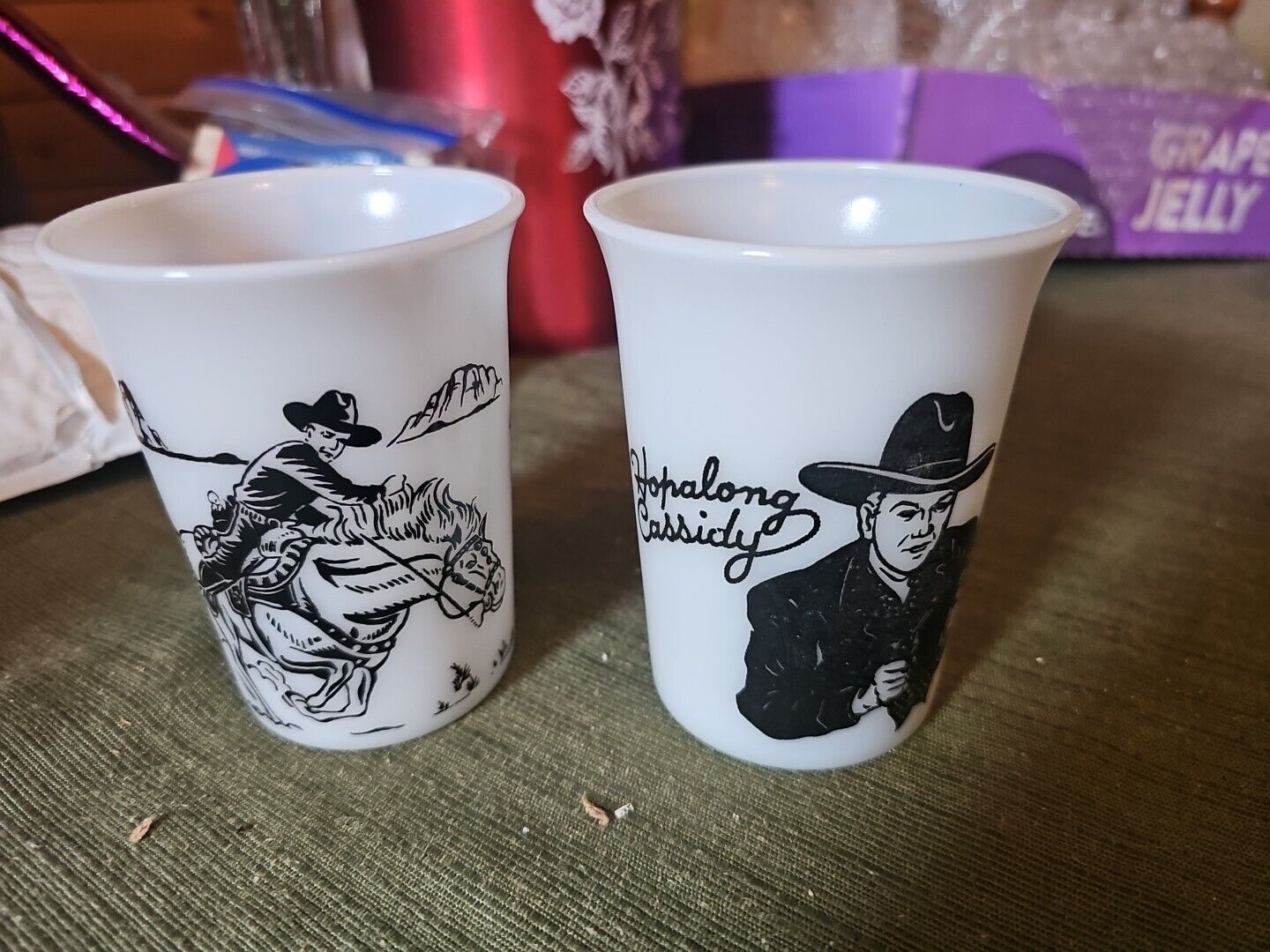 2 New Vintage Hazel Atlas Black Hopalong Cassidy White Milk Glass Mug Cup