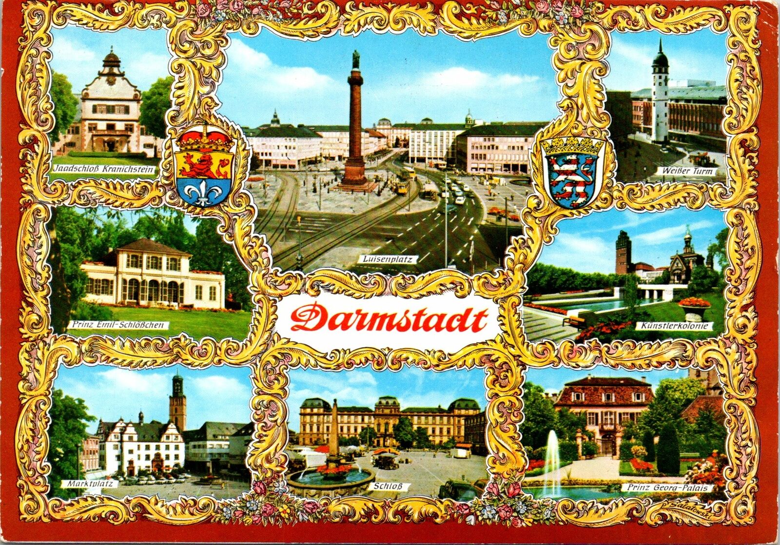CONTINENTAL SIZE POSTCARD 8-PART MULTI-VIEW OF DARMSTADT GERMANY 1970s