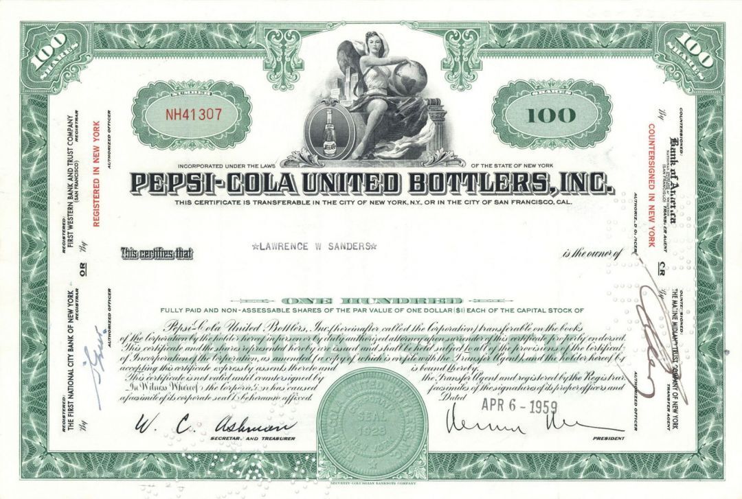 Pepsi-Cola United Bottlers, Inc - 1950's-60's dated Stock Certificate - Famous S