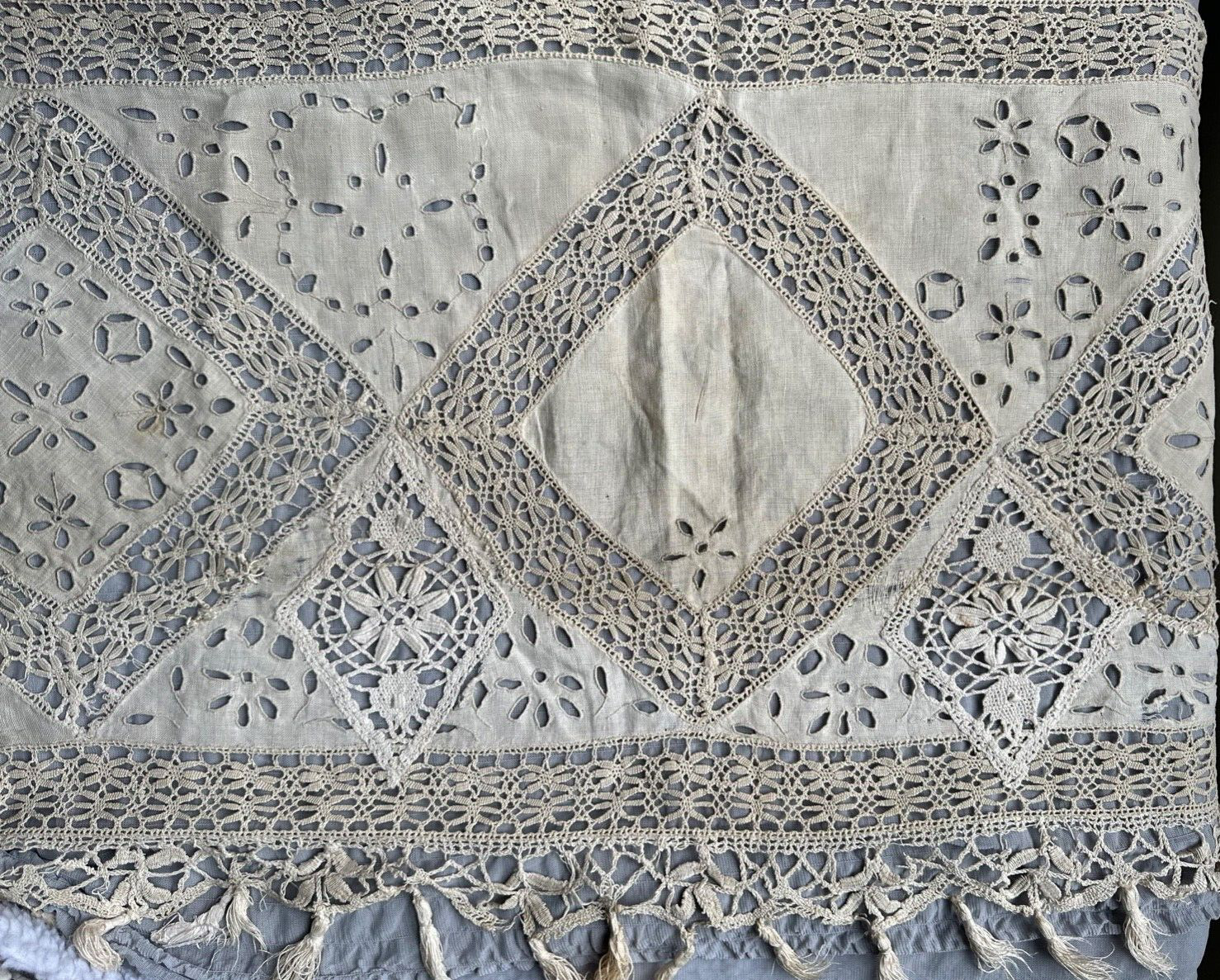 Beautiful French Vintage Hand embroidered Fireplace mantle w bobbin lace inserts
