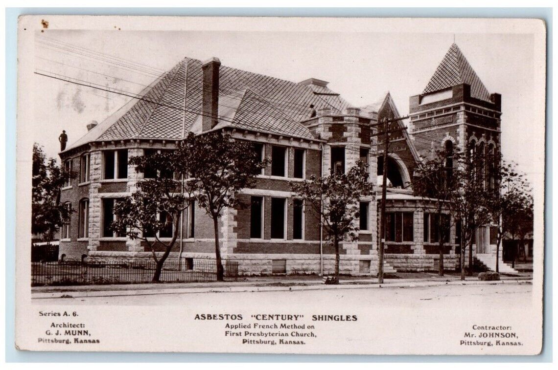 1909 First Presbyterian Church Shingles Adverisement Pittsburg KS RPPC Postcard