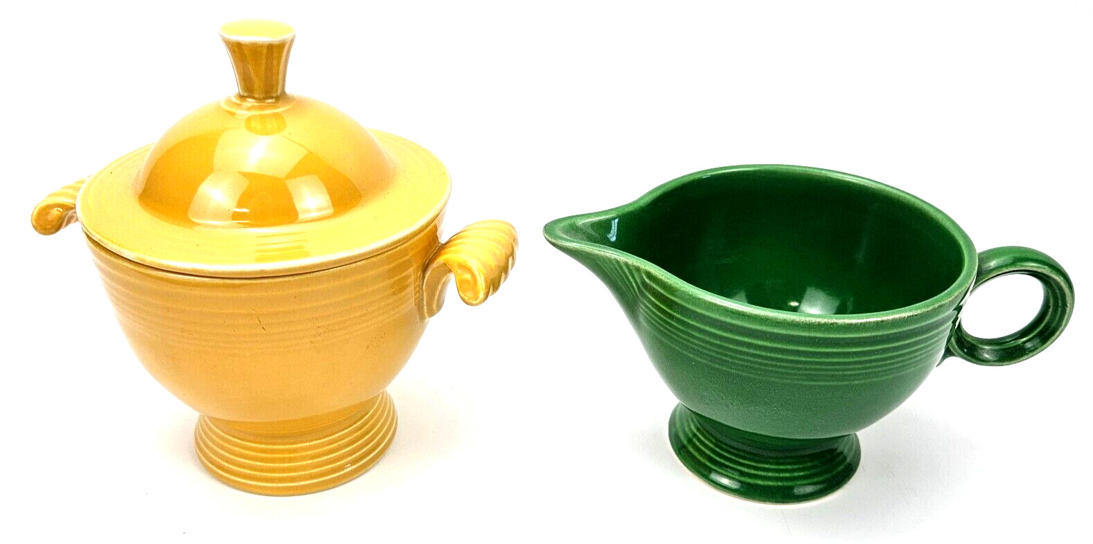 Vintage Fiesta Green Open Creamer & Yellow Lidded Sugar Bowl Set Fiestaware
