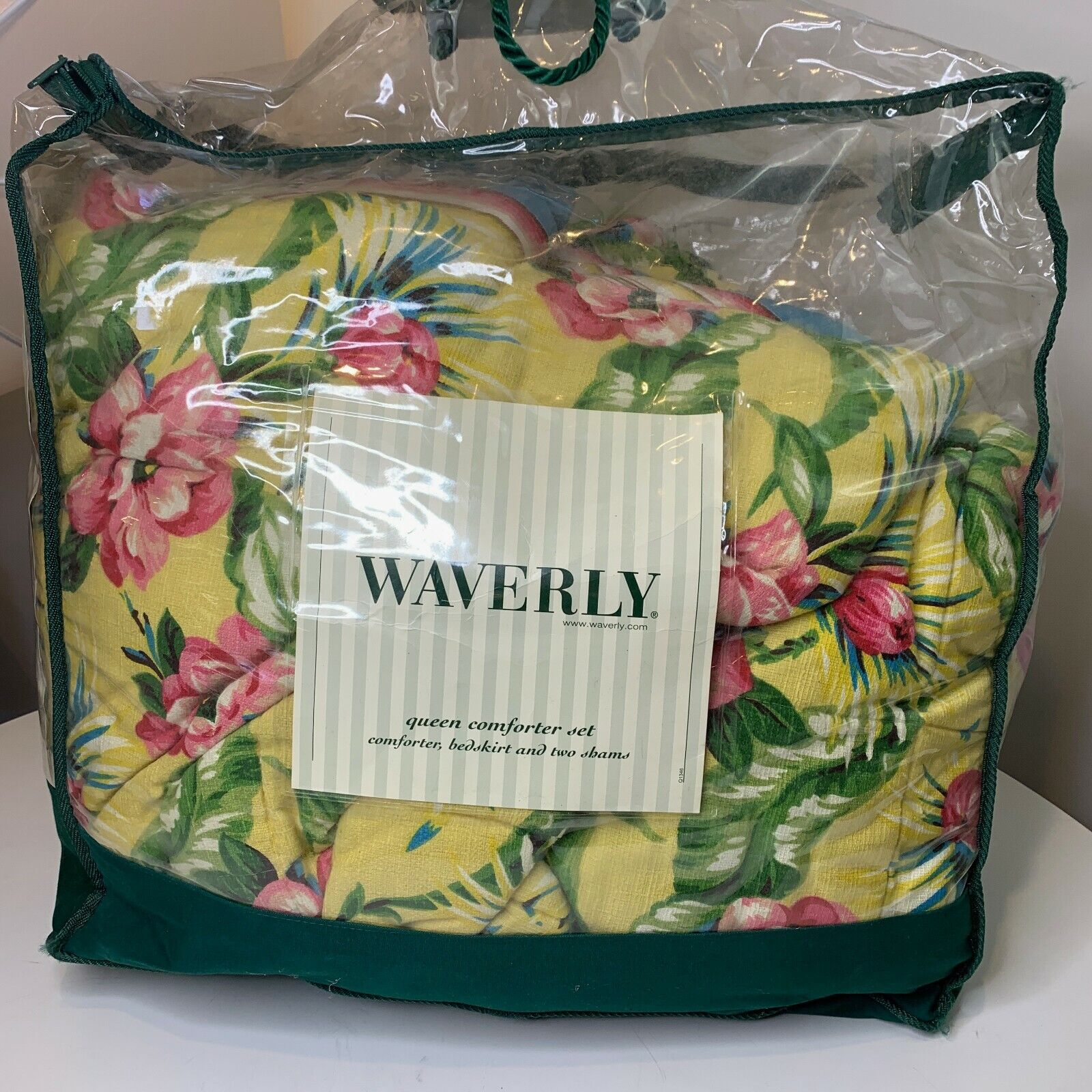 waverly queen comforter set bedskirt and 2 shams yellow with tropical pink flowe
