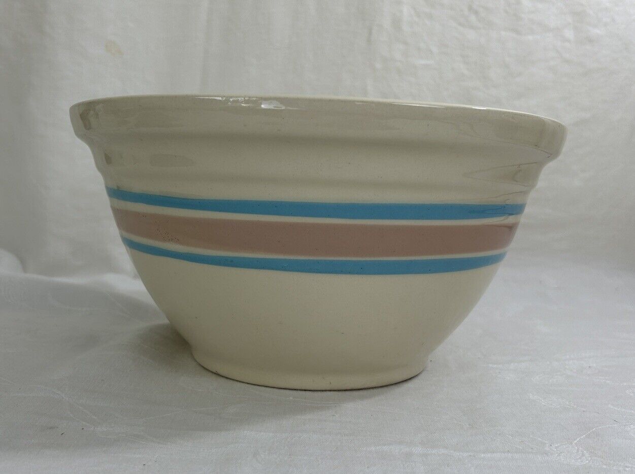 Ovenware USA 12 inch Mixing Bowl Cream Color w/Blue and Pink Stripes