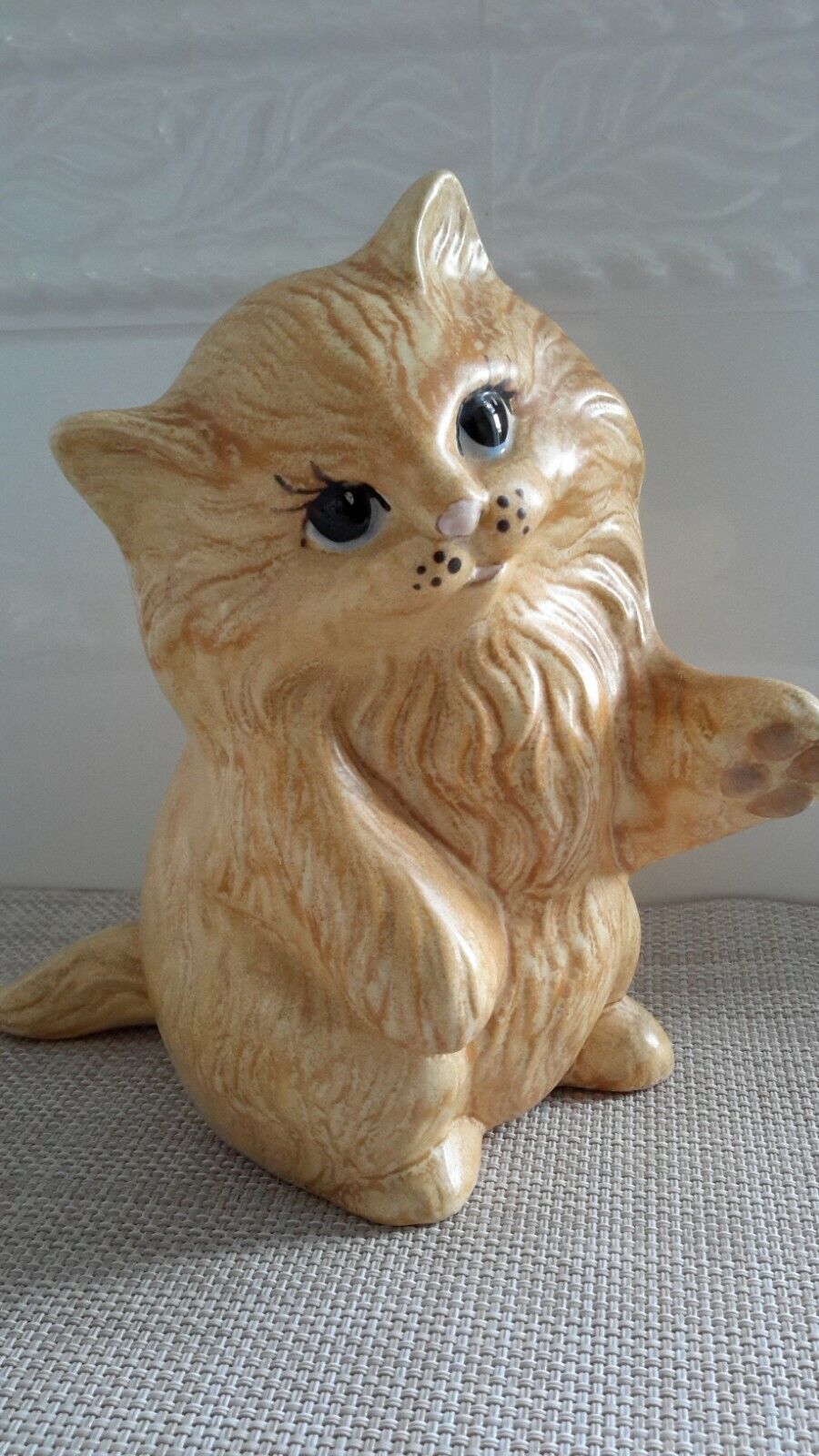 Ginger Cat Handmade Sitting Figurine Clay Blue Eyes Eyelashes 6.5\
