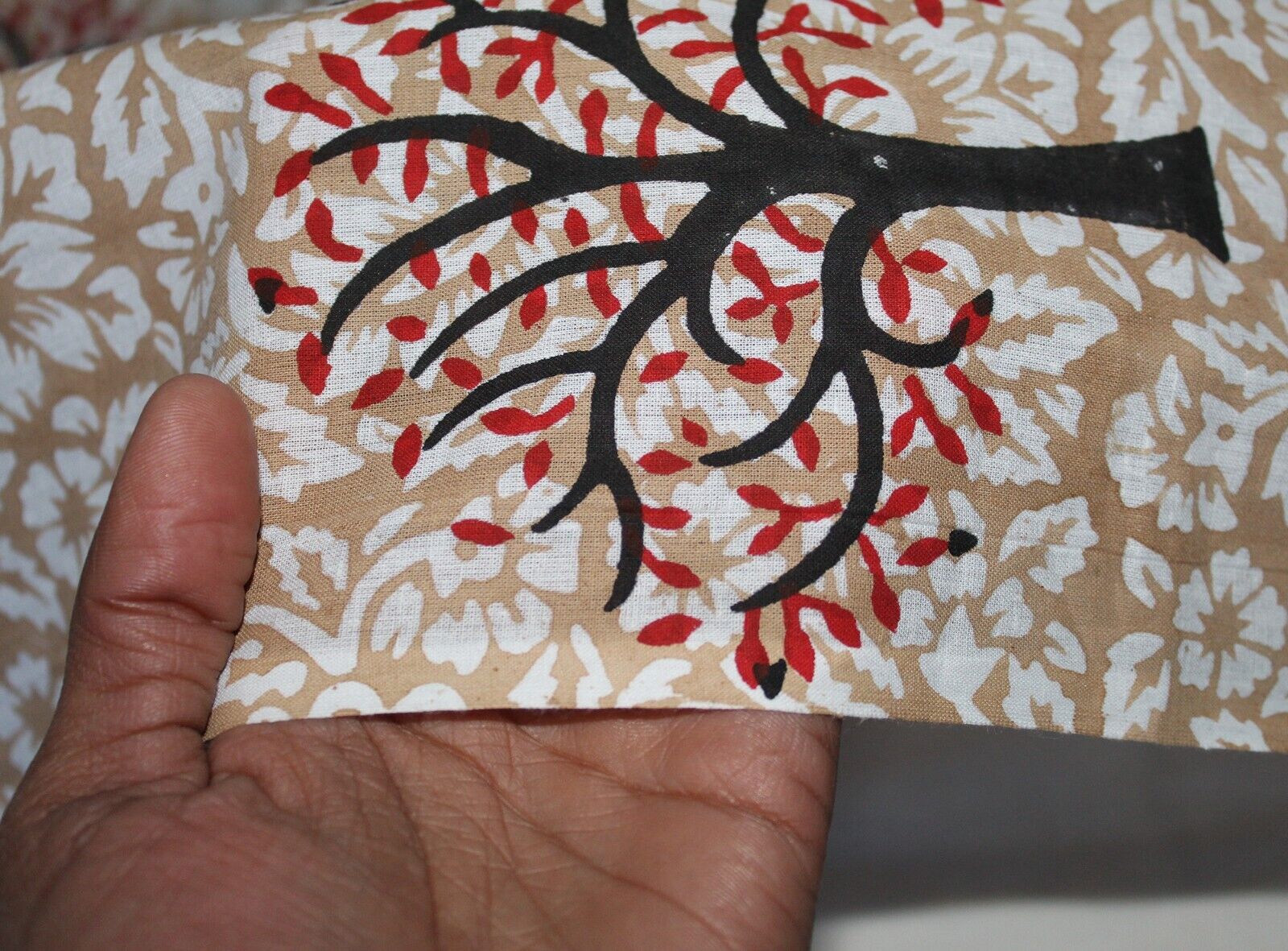 Indian Handmade Brown Tree Printed Cotton Fabric Block Printed Fabric By Yard