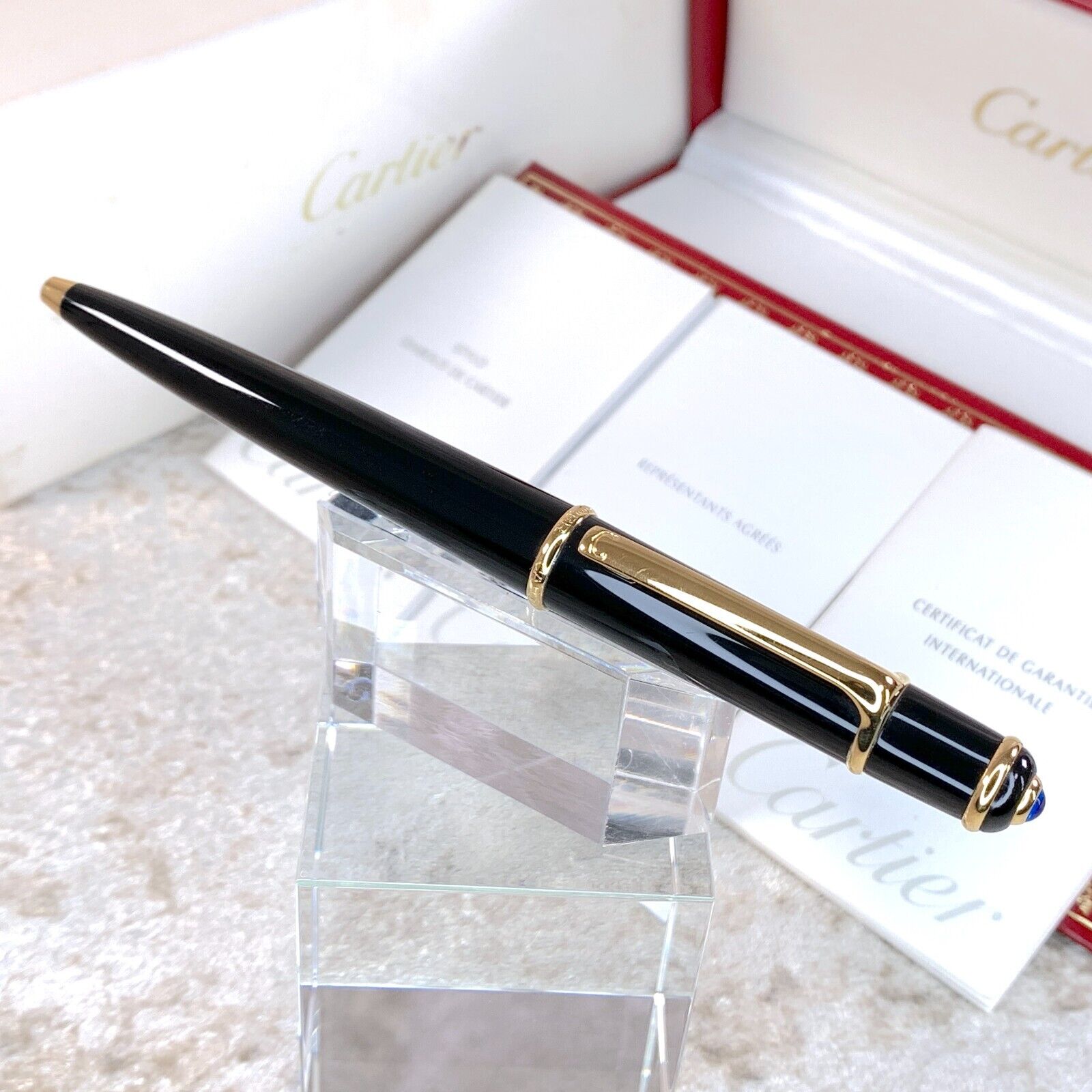 Authentic Cartier Ballpoint Pen Diabolo Black Resin Gold Finish with Box&Papers
