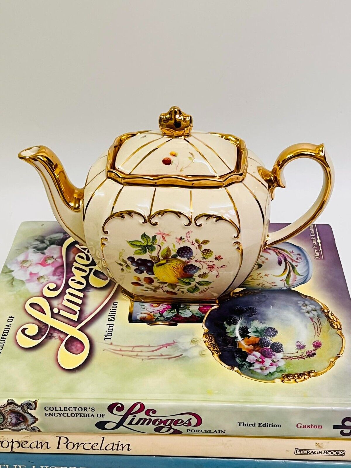 Vintage Sadler England Teapot, Cube Shaped Fruit Pattern , Gold Trim