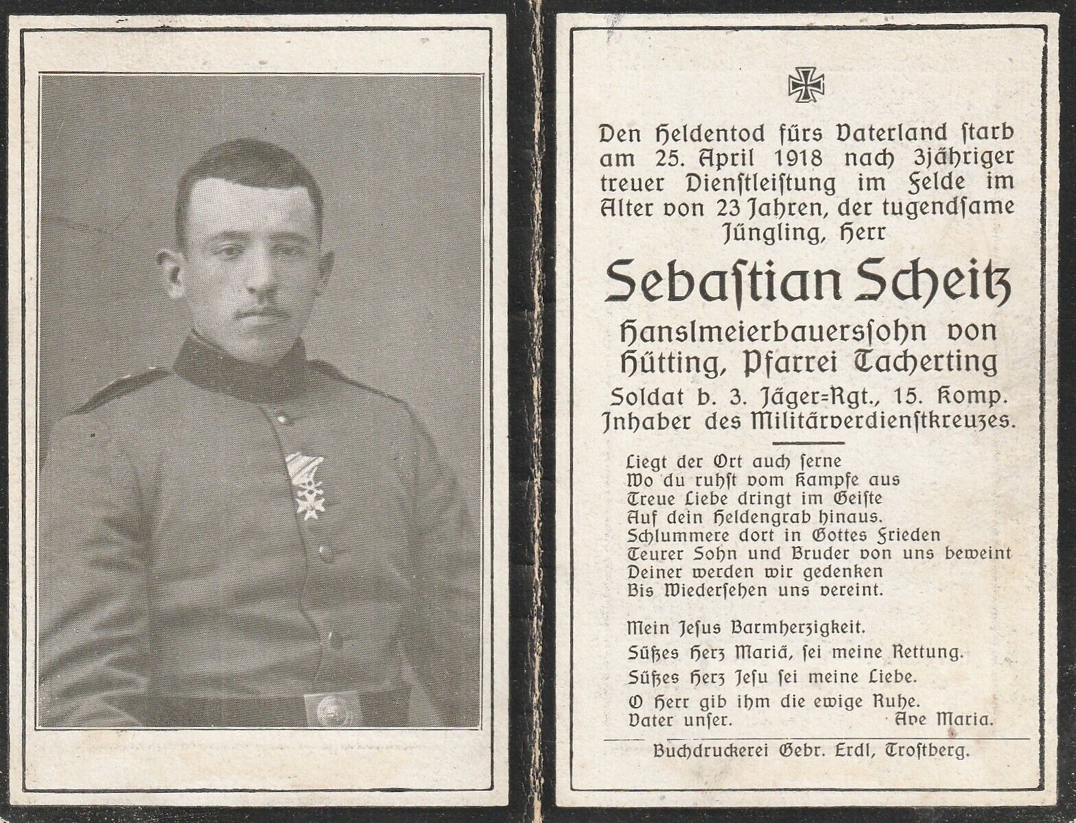 German WW 1 -- Soldier Death Card ** ORIGINAL **Jager  Regt   1918