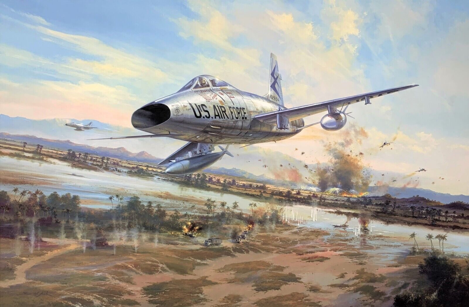 Knights Charge by Simon Atack, aviation art signed by three Vietnam F-100 Pilots