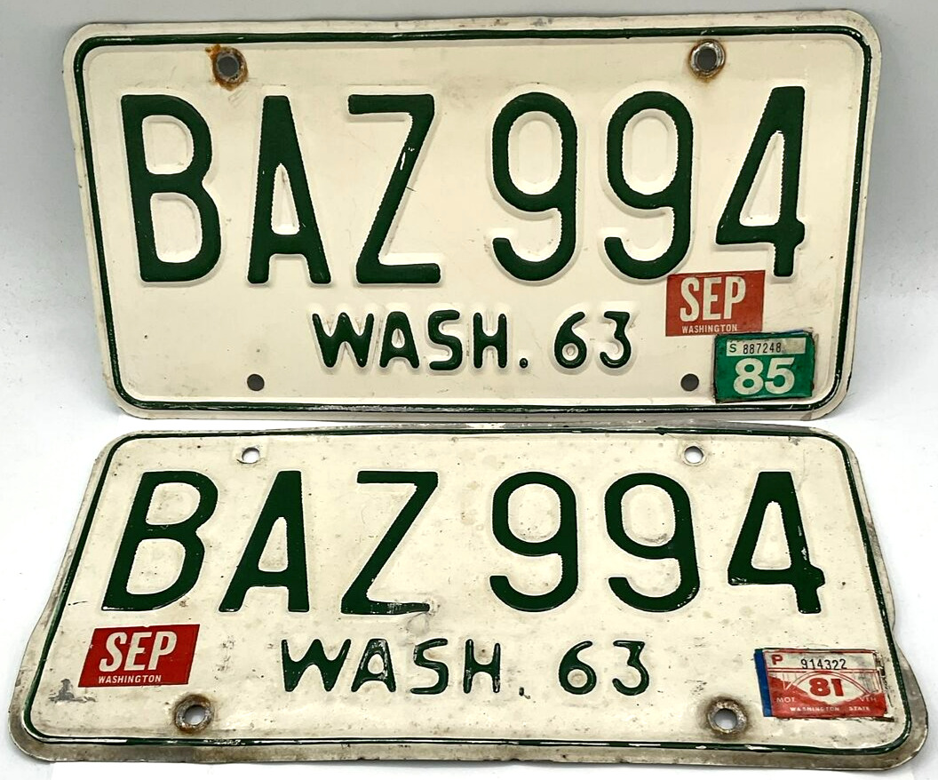 Vintage Pair 1963 Washington State License Plates BAZ 994 Expired 1985
