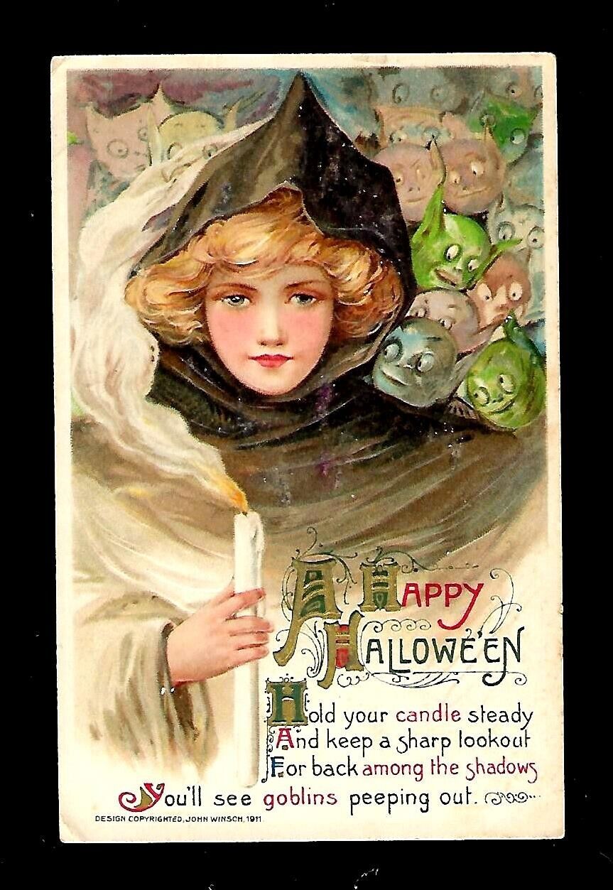c1911 Winsch Halloween Postcard Goblins, Witch/Lady Black Hood Holding Candle